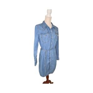 Wrangler Retro Denim Shirt Dress Western Pearl Snap Belted Blue Cotton Medium